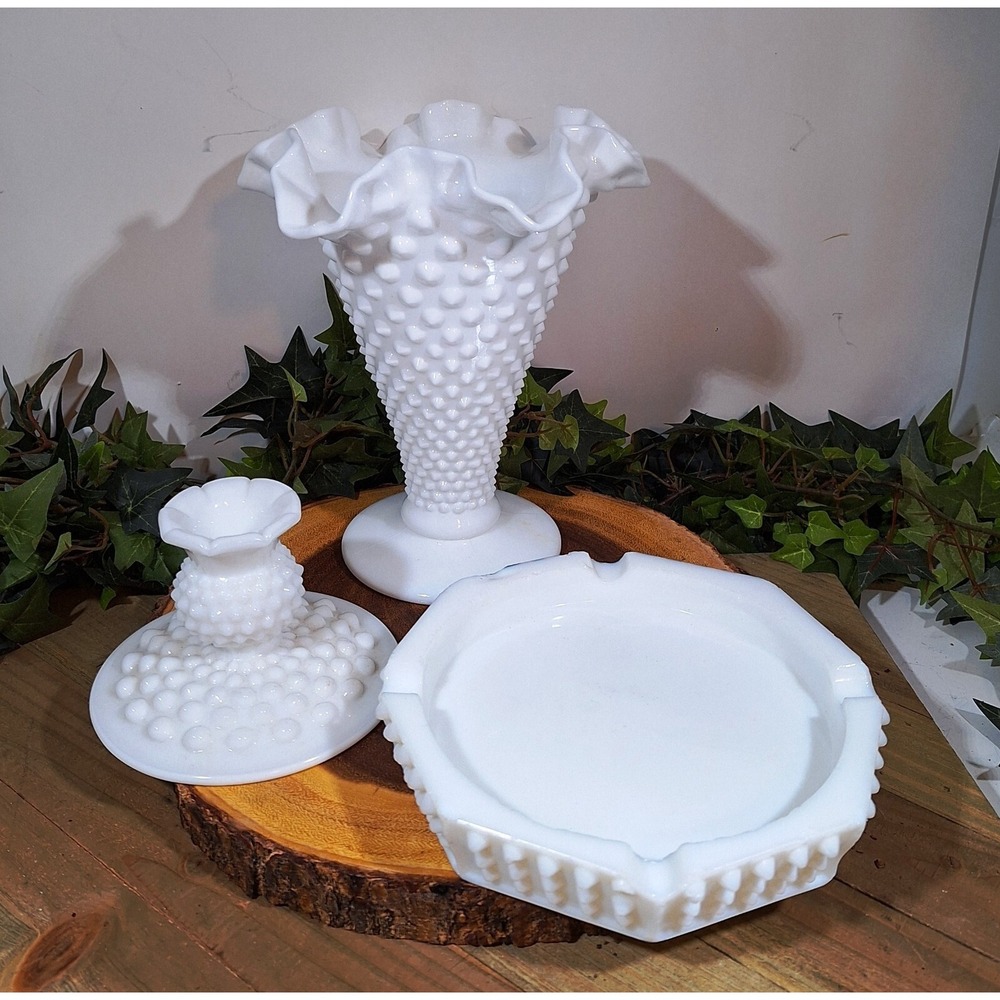 Vintage Hobnail Crimped Ruffle Vase, Hobnail Candle Holder and Heavy Ashtray